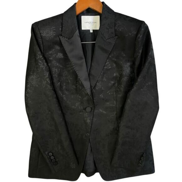 Lafayette 148 Flora Bloom Wool Silk Blazer US 8 Jacquard Suit Jacket Black Tie - Picture 7 of 16